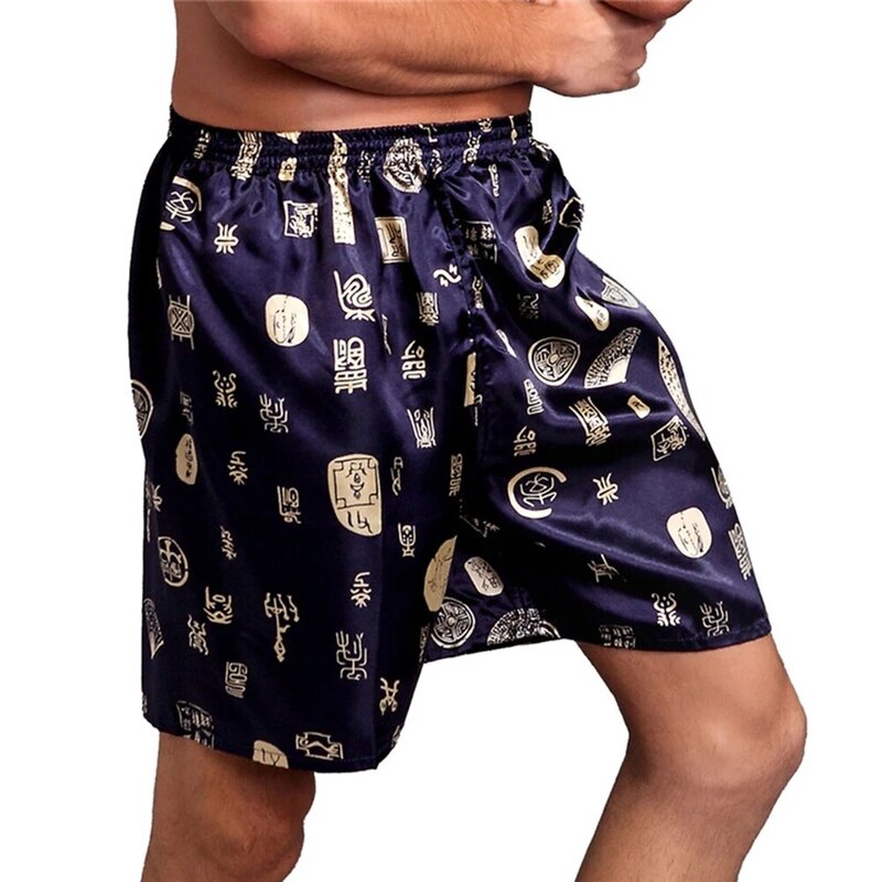 Celana pendek Satin sutra untuk pria, celana dalam rumah motif dasar tidur, pakaian tidur, celana Boxer longgar untuk pria