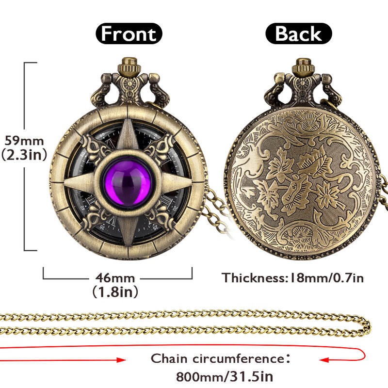 Perunggu Ungu Giok Batu Zamrud Steampunk Jam Tangan Saku Rantai Liontin Jam Angka Romawi Tampilan Antik Hadiah untuk Pria Wanita