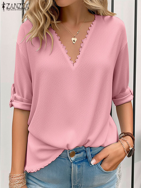 Модная женская летняя рубашка 2024 ZANZEA, Элегантная блузка с V-образным вырезом и длинным рукавом, кружевные вязаные топы, однотонные праздничные блузы, рубашка