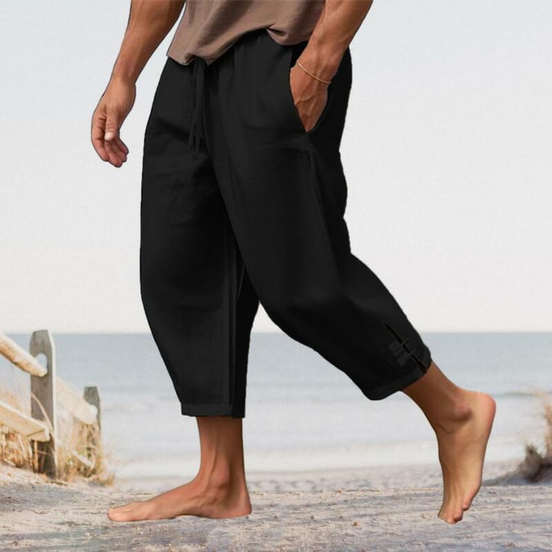 Pantalon court de plage en lin pour hommes, vêtements de vacances d'été, taille élastique, poches adt fendues pour le confort