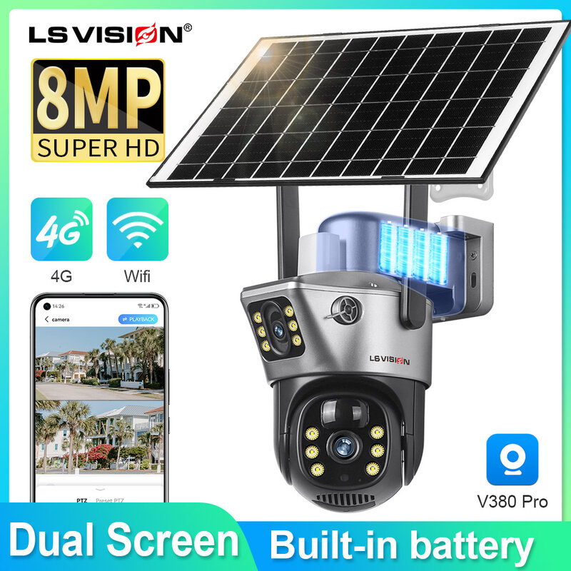 Солнечная камера LS VISION V380, 4G Sim-карта, двойной объектив, Wi-Fi, 8 Мп, 4K IP, солнечная панель, охранная система видеонаблюдения со встроенным аккумулятором