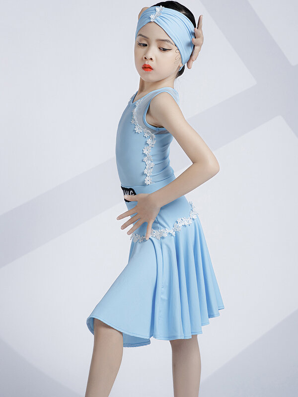 Nowe dzieci ubrania do tańca latynoskiego niebieskie dziewczyny bez rękawów wydajność kostium Cha Cha Rumba sukienka do tańca towarzyskiego praktyka nosić DNV17242