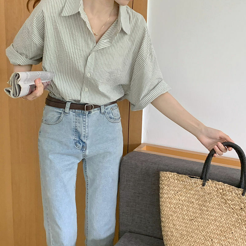 Deeptown Elegant and Youth Woman Blouses Striped Green Shirts Short Sleeve Korean Fashion Chic Office Female Tops Summer Basic