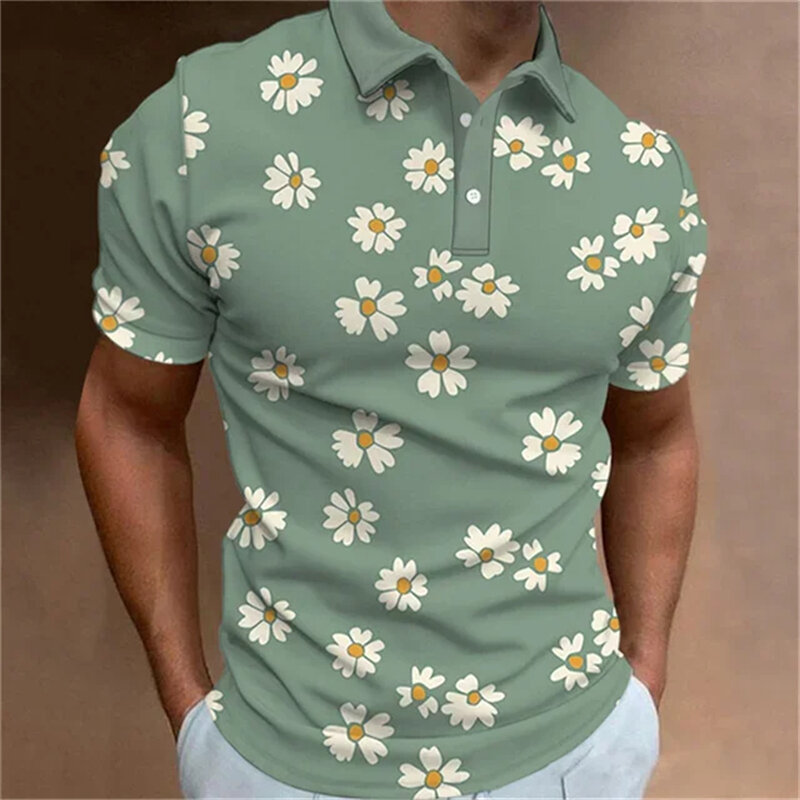 Gładka męska koszulka Polo moda 3D nadruk kwiat wzór klapy krótki rękaw Top lato nowy rekreacyjny oddychająca odzież uliczny