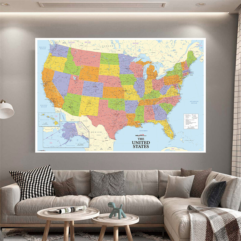 225*150 سم قماش غير منسوج خريطة الولايات المتحدة ، ملصق تفصيلي كبير ، لوازم تعليمية ، ديكور منزلي