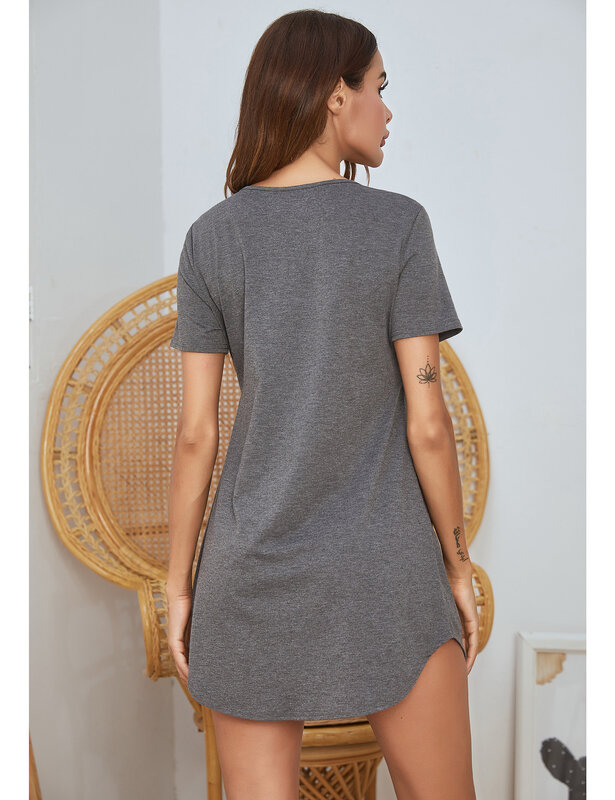 Projekt szyi piżama damska jednokolorowa seksowna damska bawełniana sukienka z krótkim rękawem 2024 rozrywka wygodne ubrania domowe bielizna nocna