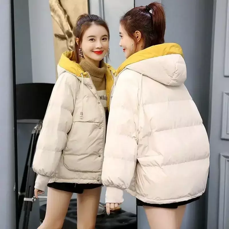 Jaket bertudung untuk wanita, mantel katun pendek tetap hangat Slim Fit gaya Korea musim dingin 2024, jaket desainer jaket musim dingin wanita longgar ukuran Plus