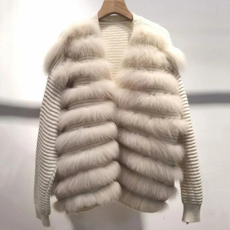 Women Loose Knitted Cardigan Coat With Natural Fox Fur Stripe Warm Fashion Luxury Female Jacket Outwear Natural Fur Coats