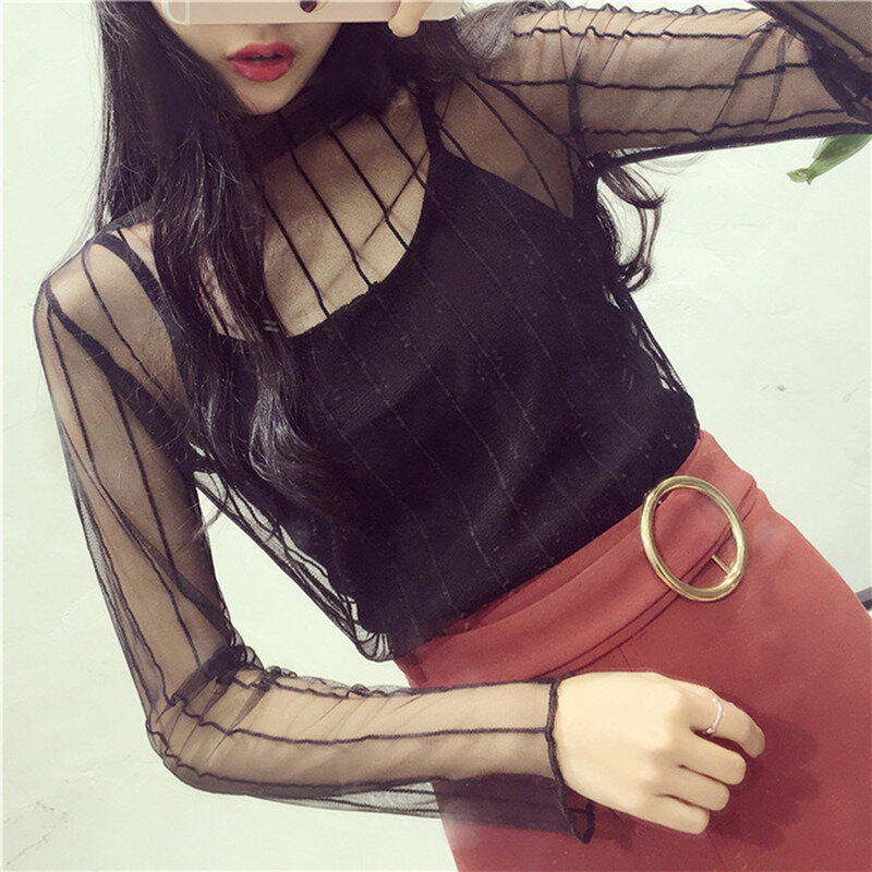Stand-up Collar Long-sleeved Lace Shirt Mesh Shirt Women Tops Black Shirt Sexy Sheer Fishnet See Through Transparent Top