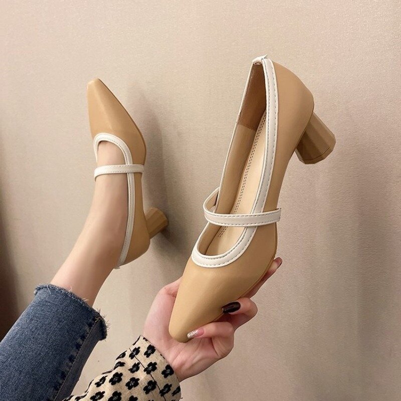 Mary Janes-zapatos de tacón medio para mujer, calzado de fiesta con punta estrecha, primavera y verano, 2024