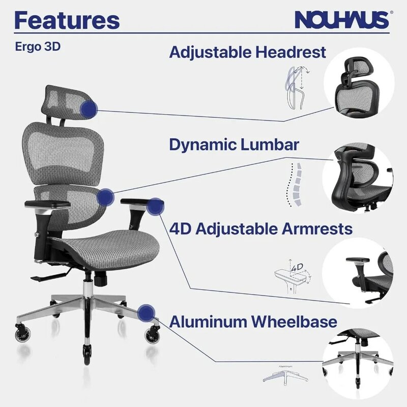 Sedia da ufficio con braccioli regolabili 4D, poggiatesta e ruote regolabili, scrivania e sedia da ufficio con schienale alto in rete (grigio)