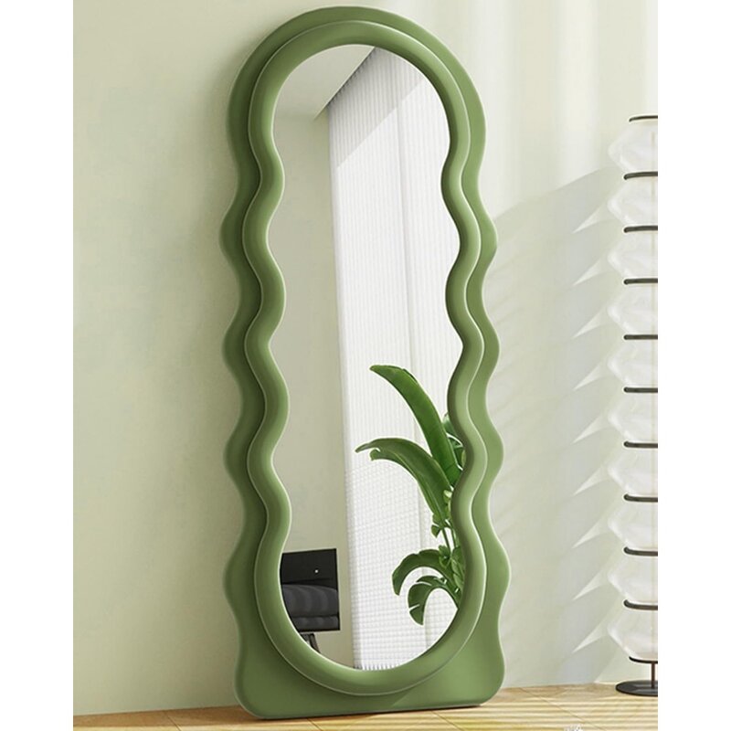 대형 거울 전신 플란넬 래핑 나무 프레임 거울 (녹색), 거울 길이 스탠딩 대형 조명, 거실 가구, 가정용