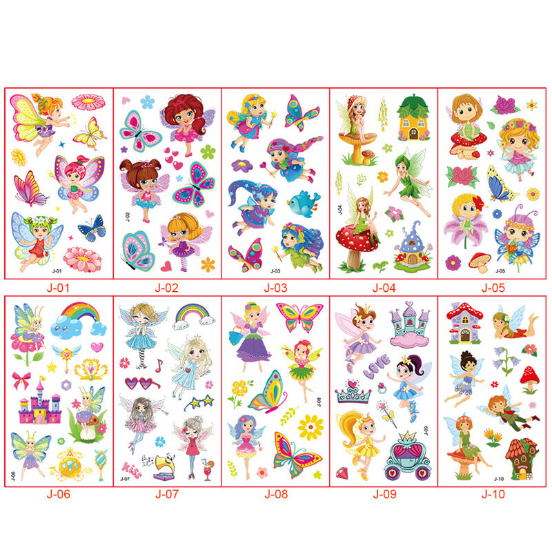 10 Lembar/Set Stiker Tato Sementara Kartun Peri Bunga untuk Anak-anak Perempuan Laki-laki Seni Tato Palsu Tahan Air