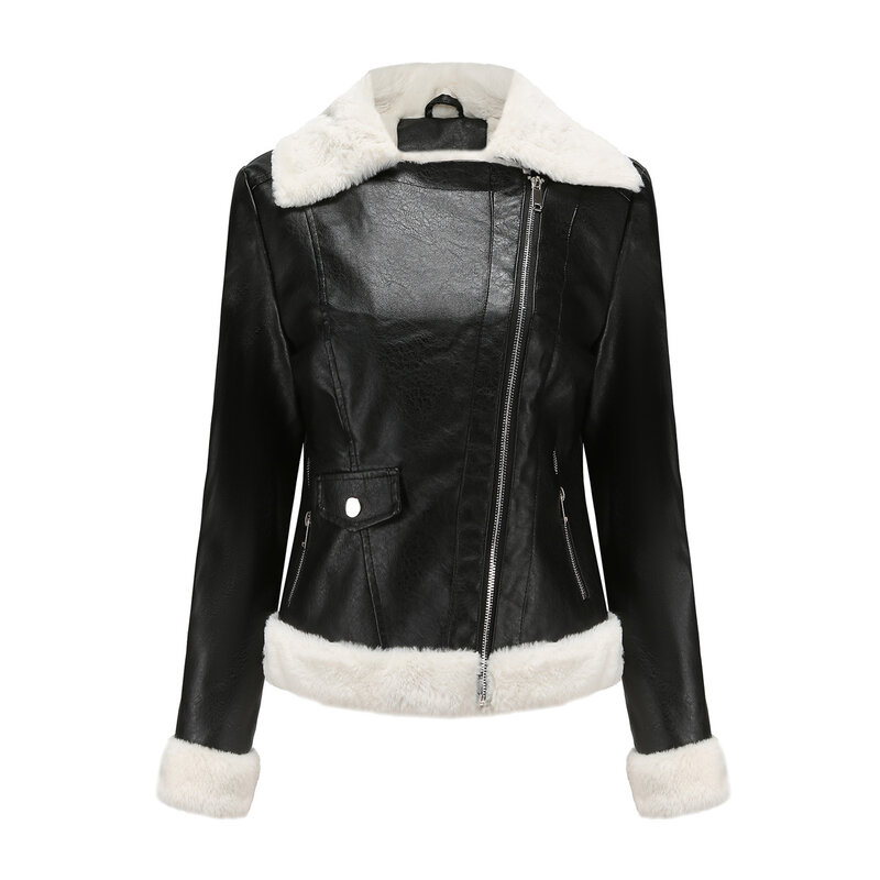 Women's Plush Leather Jacket, Long Sleeved Lapel Jacket, PU Casual Jacket, Warmth, Commuting, Autumn and Winter, New