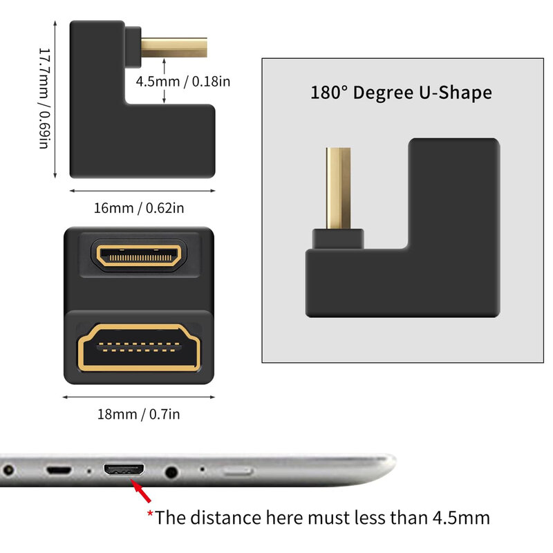 HDMI fêmea compatível para Mini-HD macho adaptador em forma de U, cima e baixo ângulo, monitor portátil, notebook e câmera, 180 graus, 8K, 60Hz