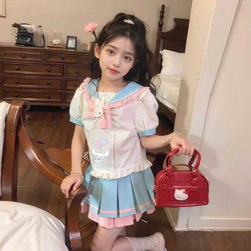 Kawaii Sanrios Cinnamoroll Girls Lolita Jk Uniform Summer Children's Short Sleeve Pleated Skirt Set Sweet Princess Dress Gifts