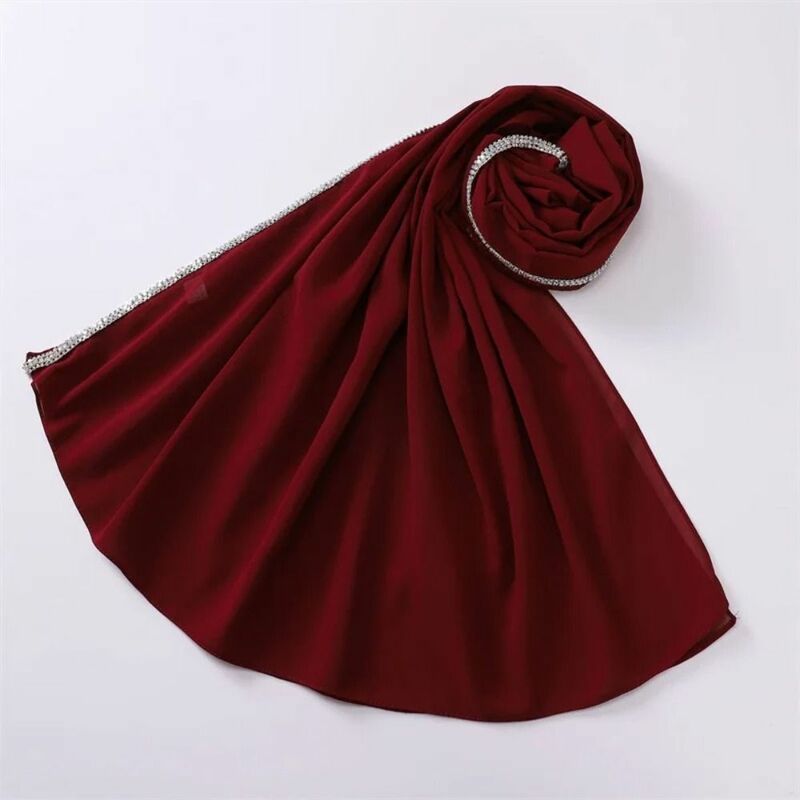 Veil Bubble Chiffon Hijab Shawl Bling Rhinestone Solid Color Ramadan Long Scarf Outdoor Windproof Head Wrap