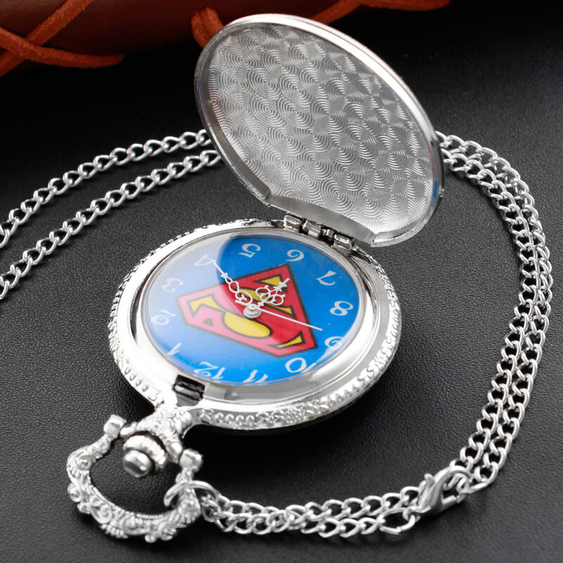 Silver Superhero Logo Embossed Arabic Digital Quartz Pocket Watch Necklace Pendant Clock Fob Chain Men's Women's Cf1163