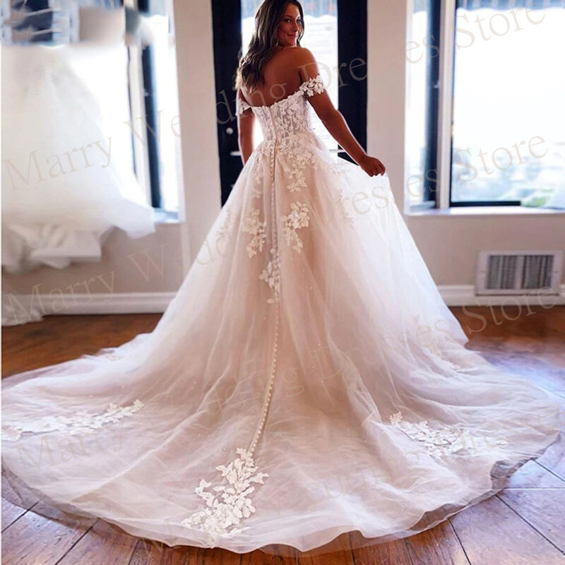 2024 gaun pernikahan wanita model Boho cantik romantis gaun pengantin applique renda bahu terbuka gaun pengantin putri Vestido De Novia