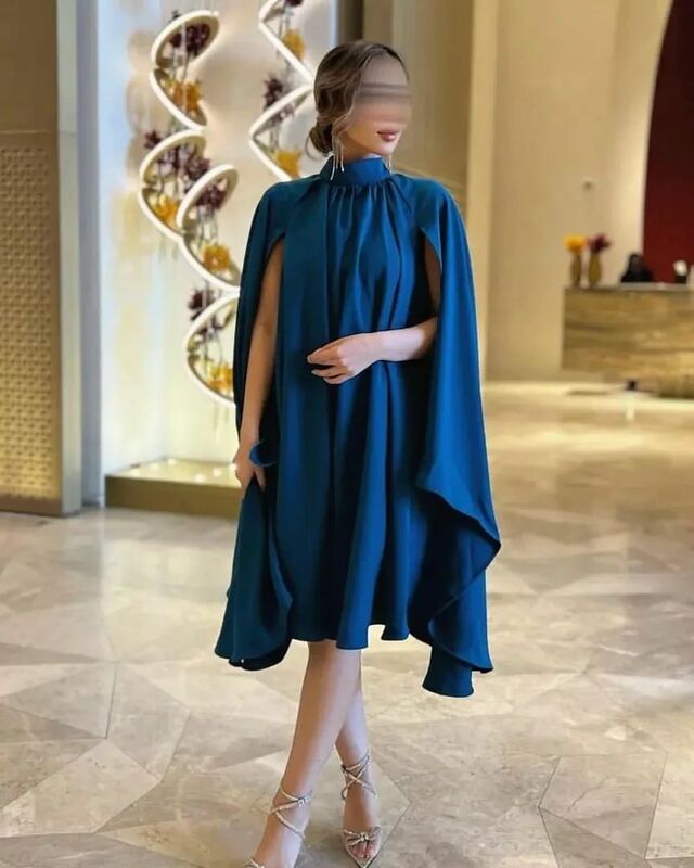 Black Blue Halter Cap Sleeve A-line Prom Dress Knee Length Satin Sleeveless платья на выпускной 2023