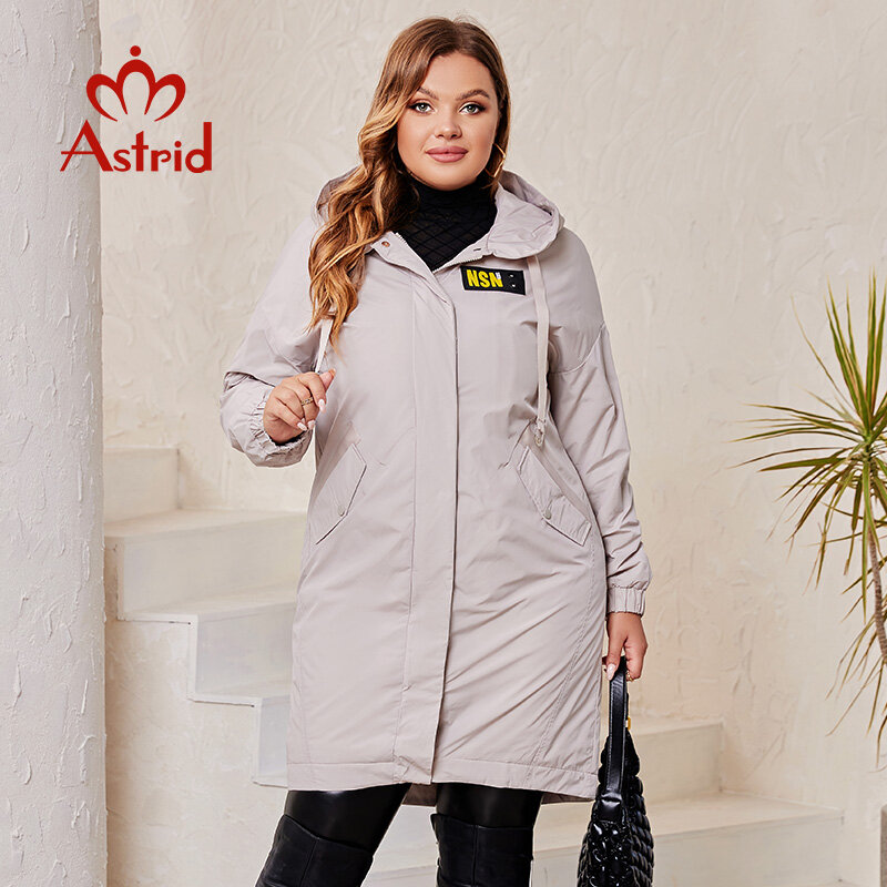 Astrid Plus Size damski trencz wiosenny i jesienny damska kurtka zamek odzież wierzchnia moda damska długa, casualowa jednolita wiatrówka