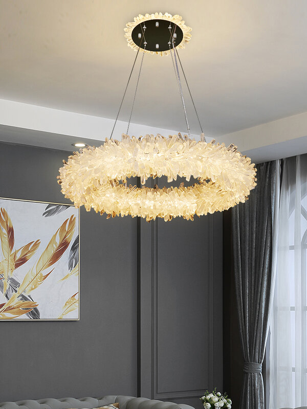 Lustre de luxe en cristal naturel, Long et rond, luminaire décoratif d'intérieur, idéal pour un salon ou une cuisine