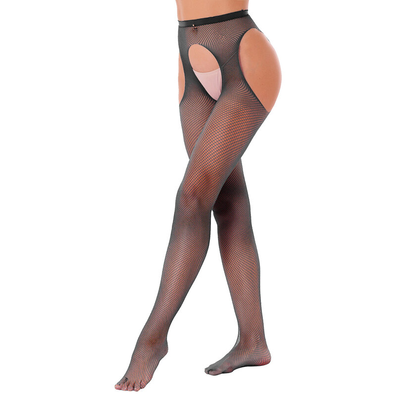 Women Sexy Stretchy Mesh Leggings See Through Sheer Hollow Out Fishnet Stockings Cutout Crotchless Tights Pantyhose Solid Color