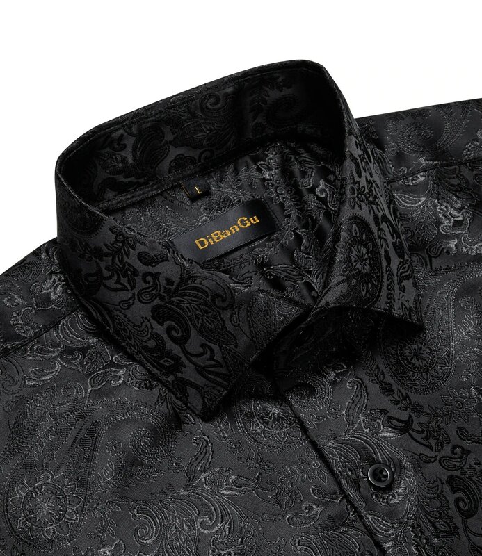 Camisas de seda Paisley manga comprida masculina, smoking casual, camisa social, roupas de grife de luxo, preta