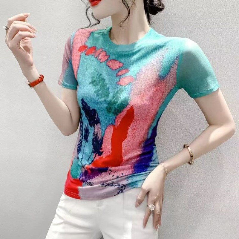 Summer 2024 New Fashion Commute Spliced Gauze Tie Dye Printed Slim Short Sleeve Crew Neck T-Shirts Casual Women's Clothing Tops