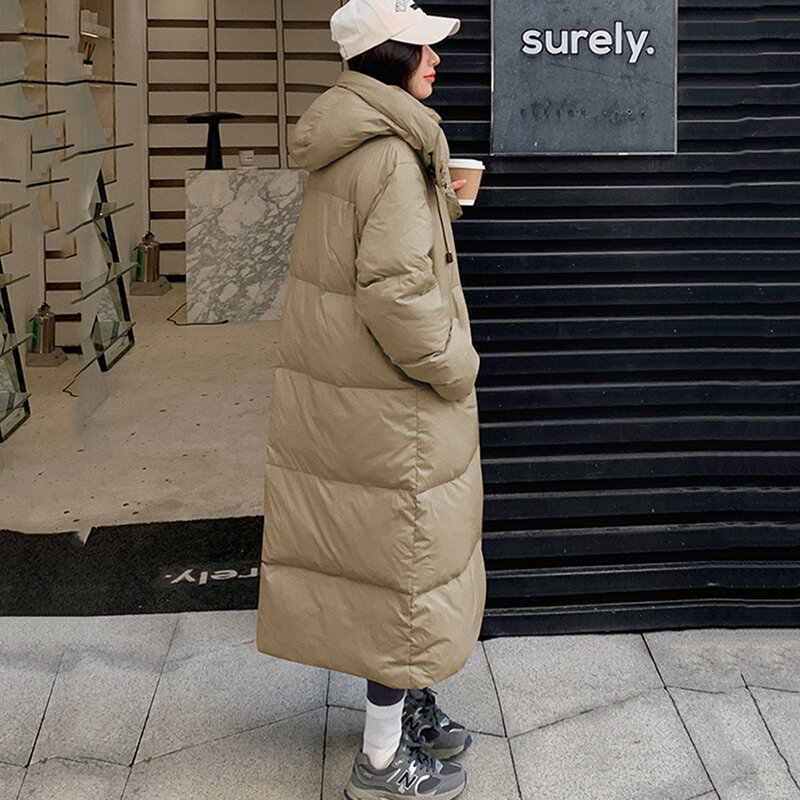 New Women's Long Hooded Down Cotton Jackets Outerwear Straight Coat Winter Female Warm Casual Hooded Down Parkas Overcoat Khaki