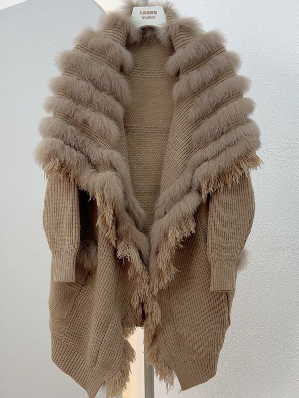 Осень-зима 2023, новинка, пальто из лисьего меха с длинными рукавами и бахромой, свободный флисовый свитер средней длины с отворотом для женщин