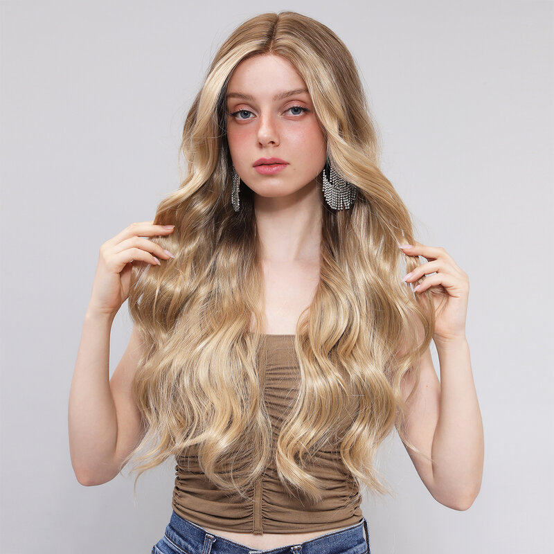 Smilco-peluca rubia ondulada con malla frontal para mujer, pelo largo sintético, parte en T, 13x5x1, rizada, fiesta diaria, resistente al calor