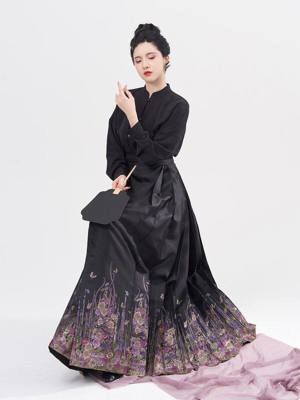 ZhiZaoSi Original Ming Dynasty Imitation Makeup Flower Hanfu Horse Face Skirt Suit Black Costumes Women Clothes