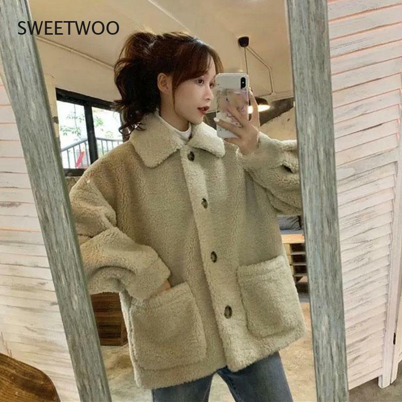 Outono inverno casaco de lã de cordeiro feminino coreano gola turndown casaco de pelúcia harajuku quente faux peles jaquetas outwear natural
