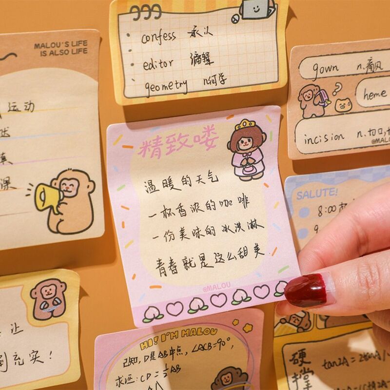 Kawaii Animal Action Memo Pad, auto-adesivo, bonito Monkey Memo Pad, fazendo Journaling, Plano Notepad, escrever, suavemente notas, 120pcs por conjunto