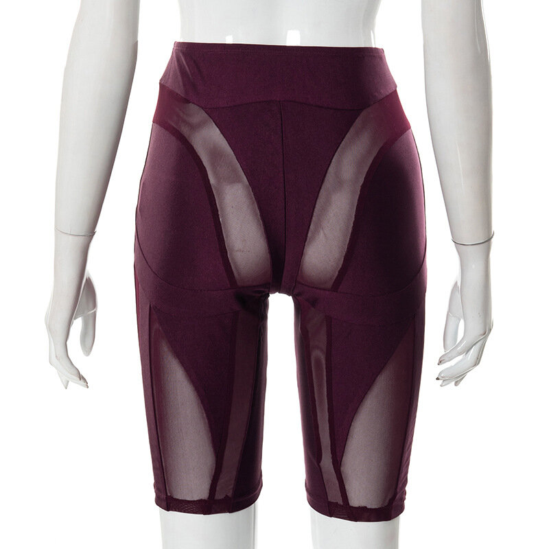 BKLD-pantalones cortos de cintura alta para mujer, ropa de moda, pantalones cortos ajustados de retazos de malla de perspectiva Sexy de Color sólido, primavera 2022