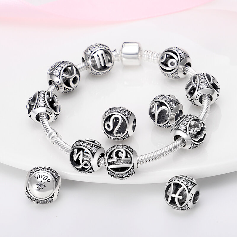 Pandach genuíno 925 prata 12 constellation zodiac contas redondas caber pandora original pulseiras encantos jóias