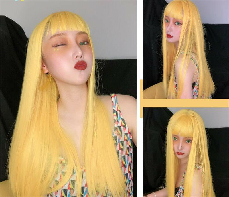 Wig Lolita dengan poni, Wig kepang Cosplay beberapa warna untuk wanita, rambut manusia