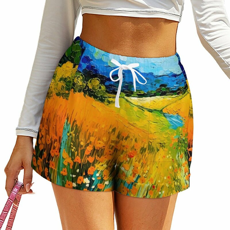 Pantaloncini per pittura a olio di fiori pantaloncini larghi casuali con stampa floreale femminile pantaloni corti oversize elastici a vita alta pantaloni eleganti