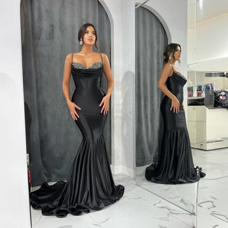 Black Glamorous Spaghetti Straps Beaded Satin Prom Dress for Women Sexy Meimaid Court Formal Prom Party Gown robes de soirée
