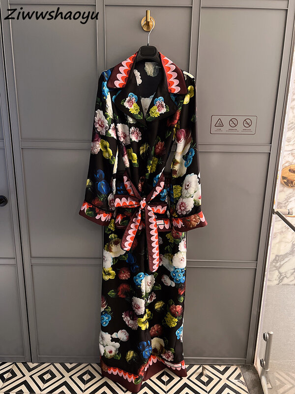 Camisas de seda estampadas florais femininas, cintura elástica de perna larga calças compridas, moda estilista de passarela, alta qualidade, primavera
