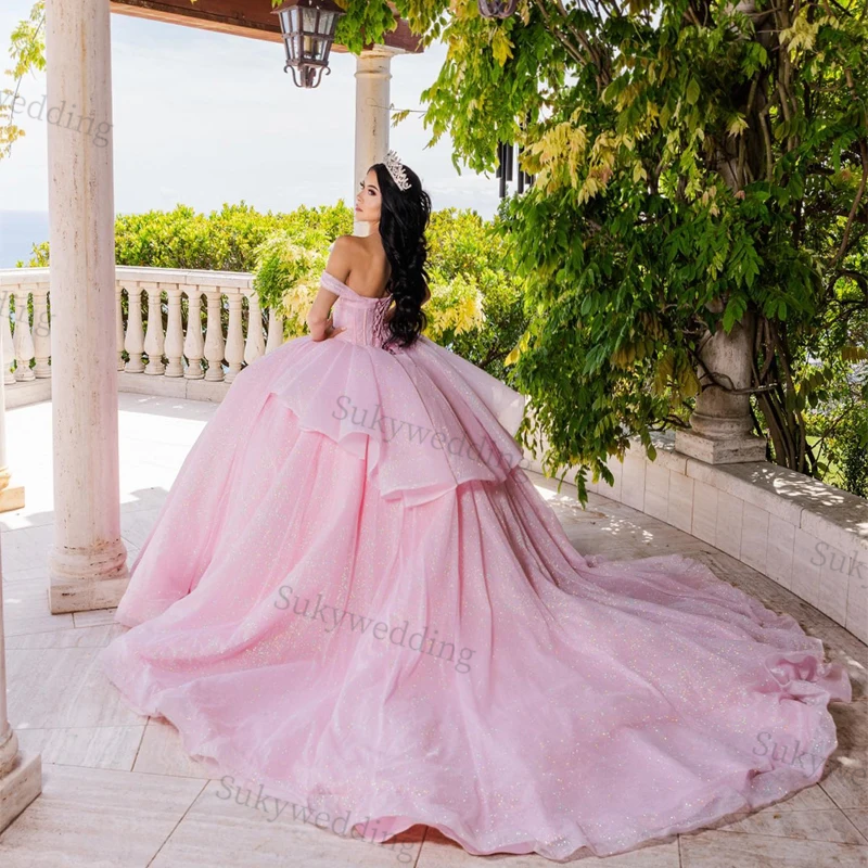 Pink Princess Quinceanera Dresses Sequins Beads Corset Off Shoulder Sweet 16 DressLace Up vestido De 15 Anos Robe Bal Medieval