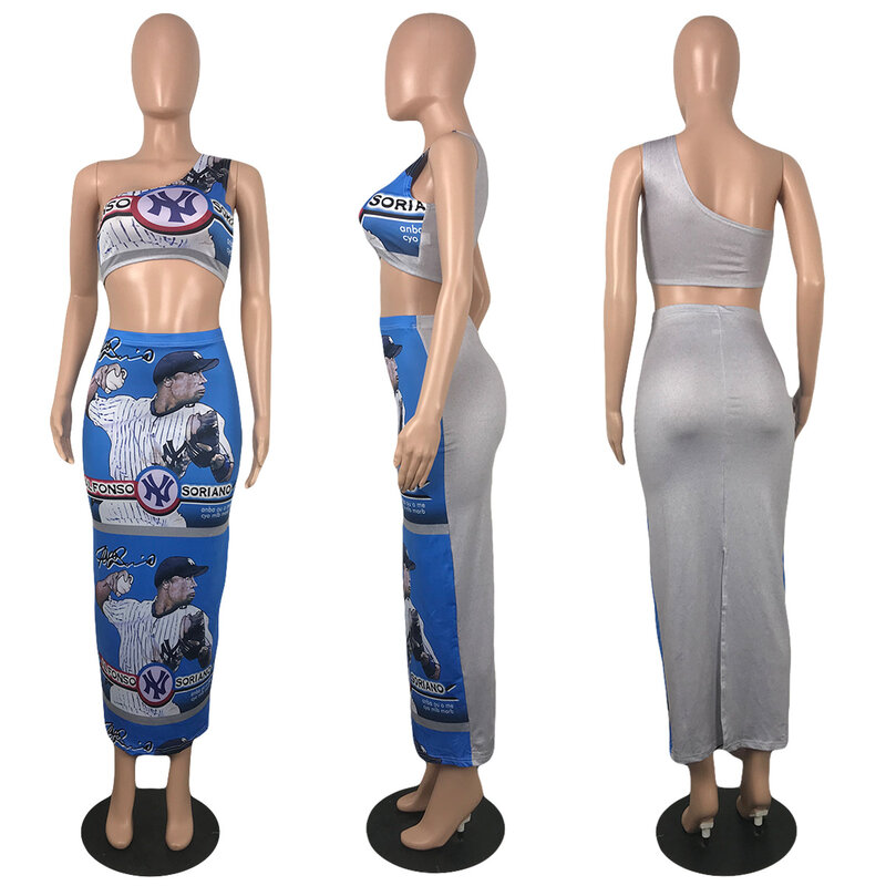 Summer casual women's 2023 baseball print slant shoulder bustier half-body dress backless long skirt fashion street 2-piece set