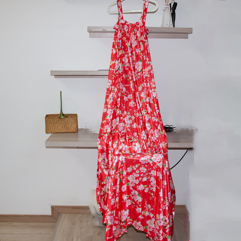 Gaun tanpa lengan Satin motif bunga untuk wanita, gaun Maxi longgar bertali motif bunga ukuran ekstra besar untuk wanita