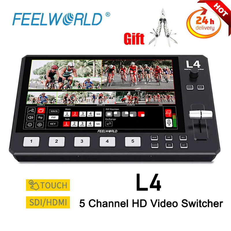 محول فيديو Feelworld ، بث متعدد الكاميرات ، إنتاج مباشر ، شاشة لمس عالية الدقة ، لوحة تحكم مرنة L4 ، 5 قنوات