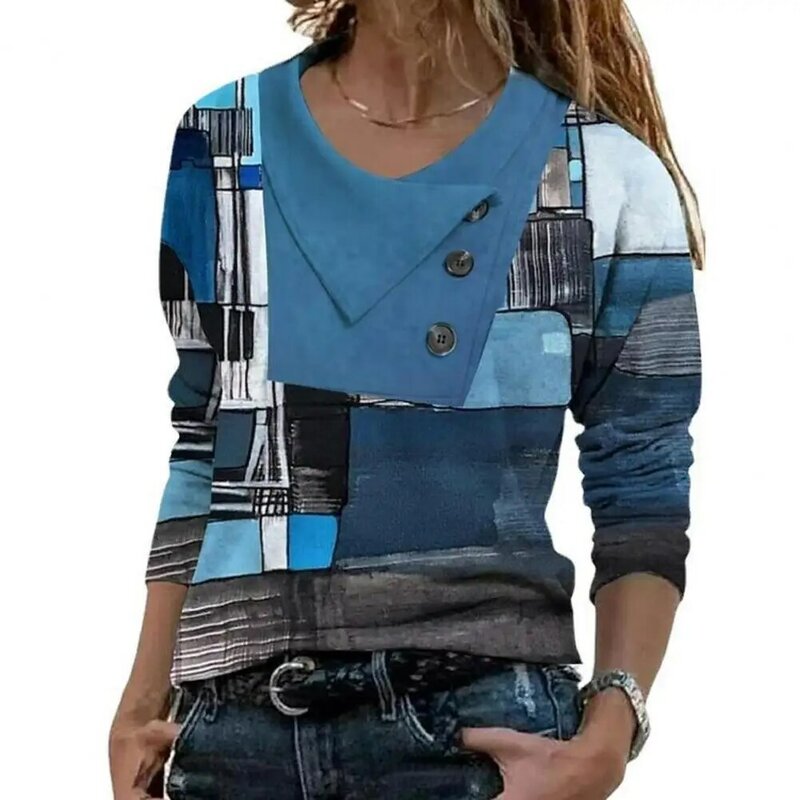 Classic Pullover Top  3D Cutting Skin-Touch Autumn Blouse  Geometry Patchwork Color Loose Autumn Tee Shirt