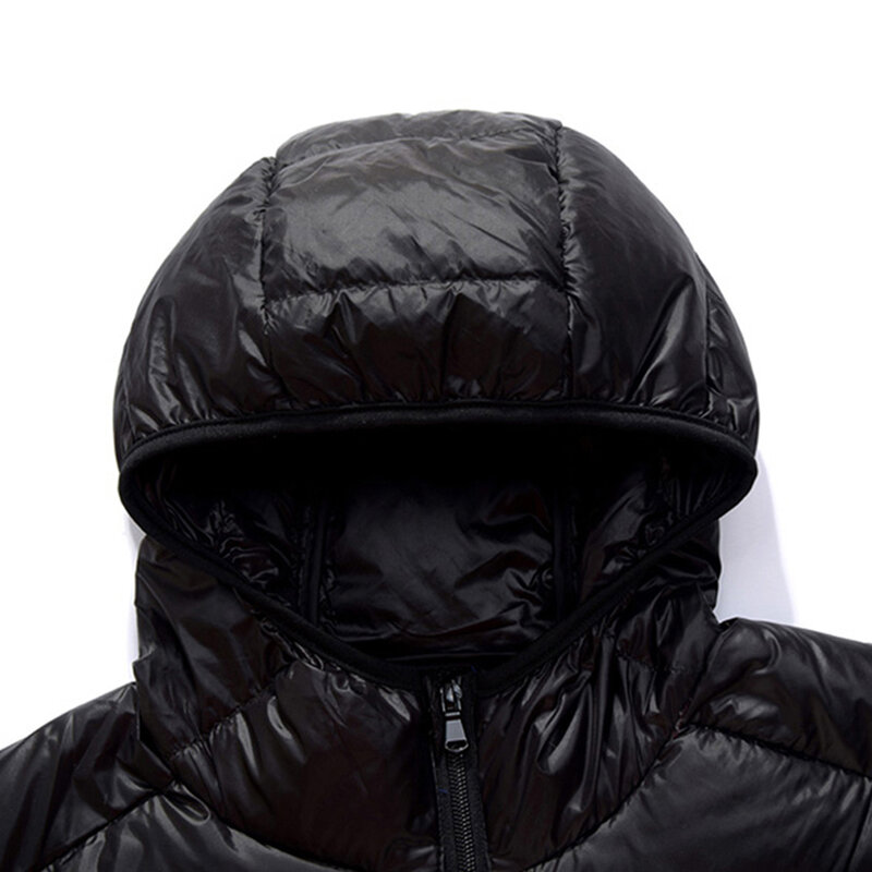 Легкая зимняя пуховая куртка для мужчин с подкладкой и капюшоном, ультра тонкая упаковка, дышащее пальто, большие размеры, черные куртки