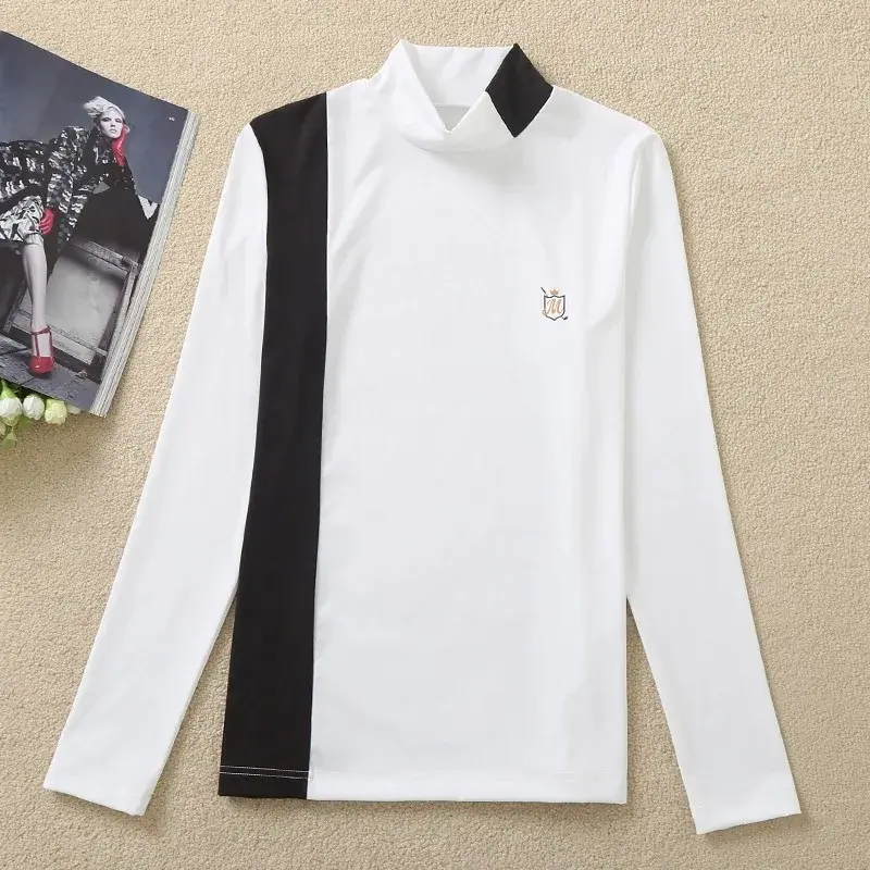 Camisola fina de golfe gola alta feminina, camisa de manga comprida, nova
