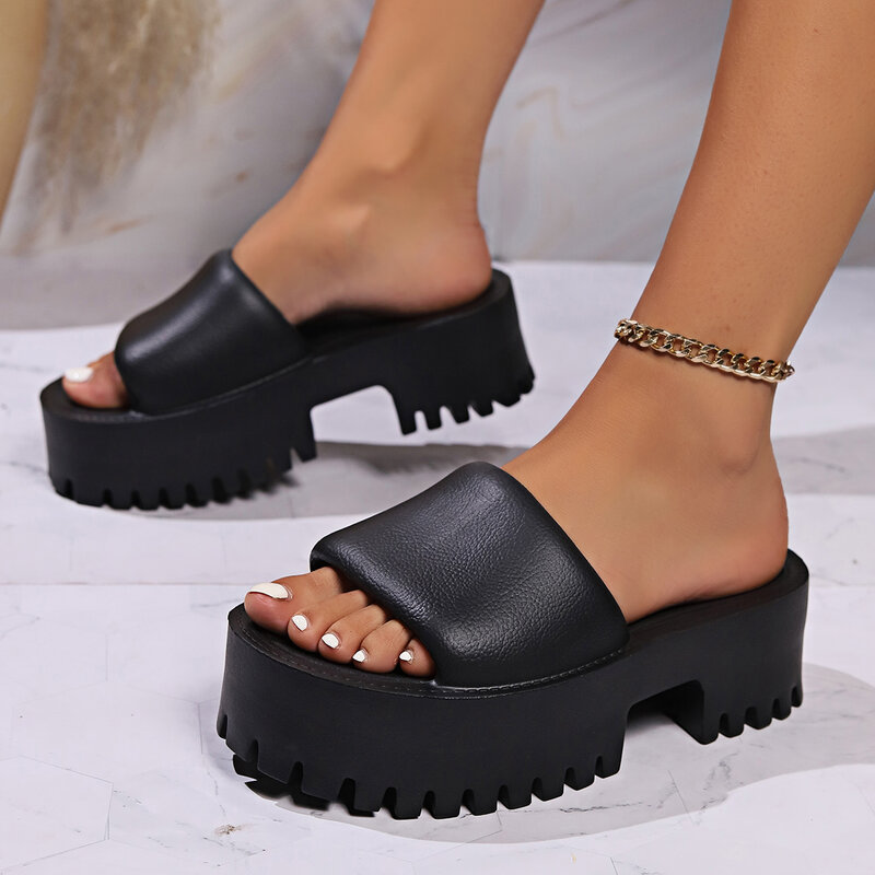 Sandal wanita, sandal kasual pasangan, hak datar, sepatu Platform, sepatu selop sol tebal EVA lembut, sandal pantai Musim Panas 2024
