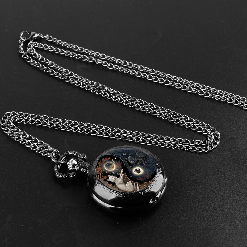 Czarny kot i biały wzór kota kwarcowy zegarek kieszonkowy dla kobiet zegarek unikatowy wisiorek naszyjnik dla dzieci biżuteria prezenty